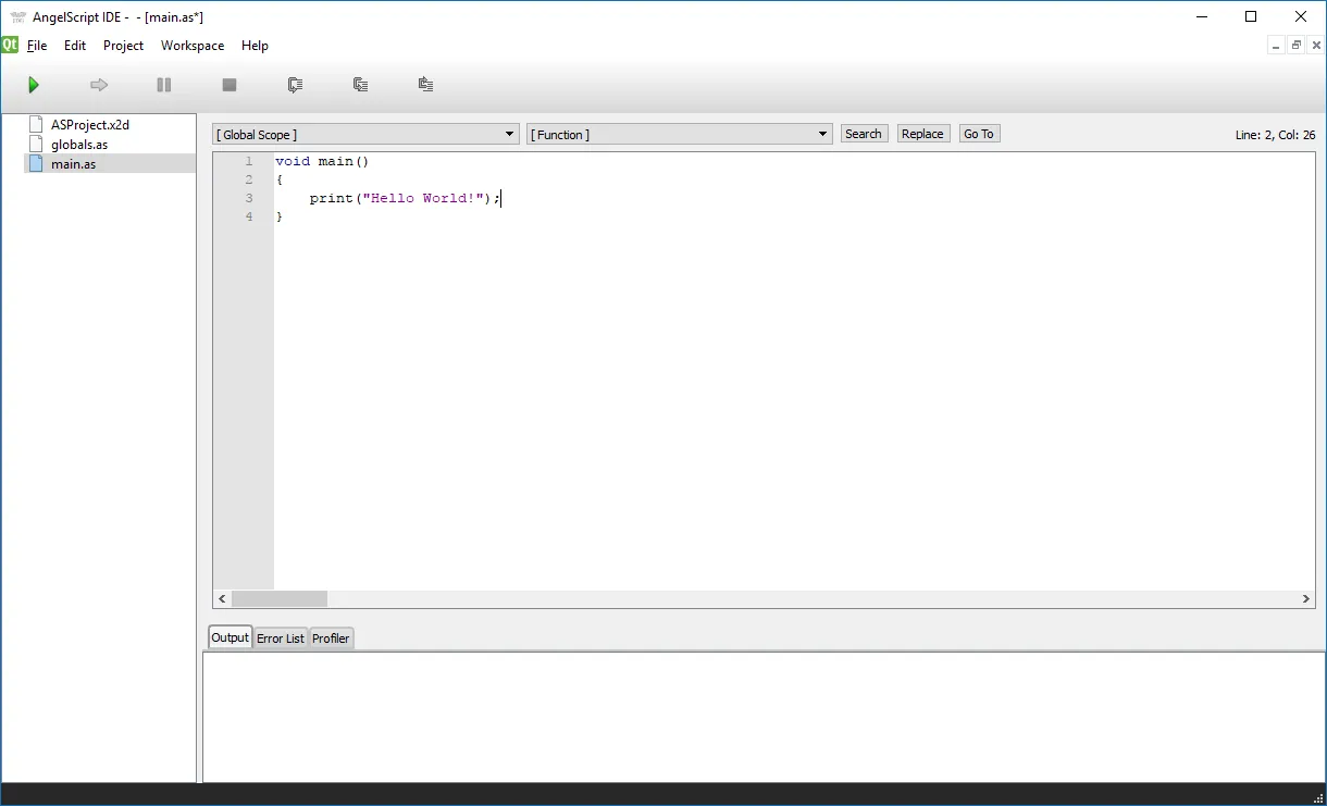 The AngelScript IDE with a new project open and an empty output panel
