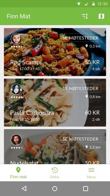 Grabster food listing screen showing nearby homemade dishes and prices