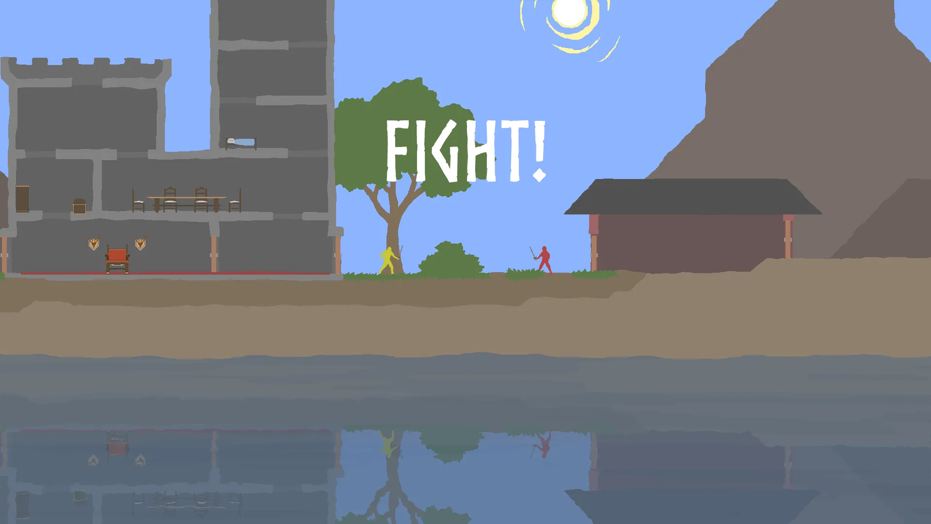 Two fighters facing off as the word FIGHT appears