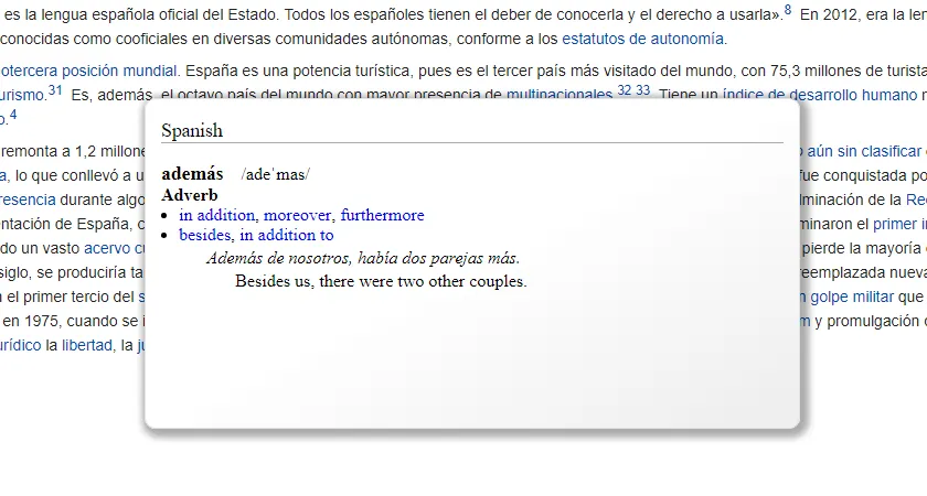 An inline popup translating a Spanish word on a Spanish web page