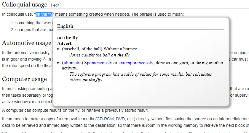 An inline popup defining the phrase on the fly
