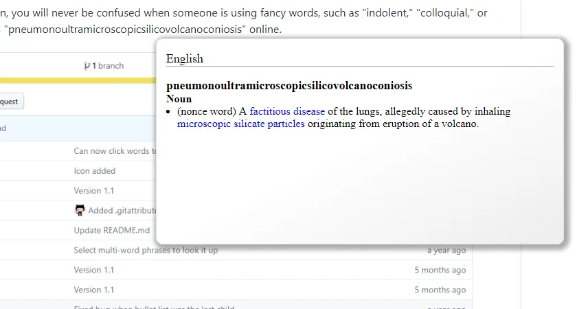 An inline popup defining a very long English word