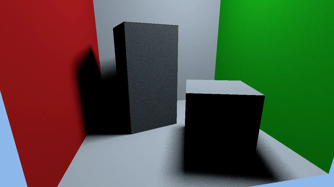 The same box scene rendered with noisier sampled shadows