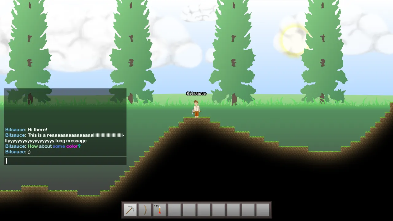 Two players chatting in Overworld with the in-game chat and hotbar visible
