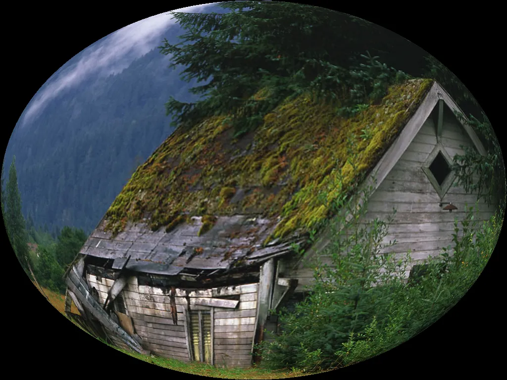 A photo of a shed warped with a fish-eye filter